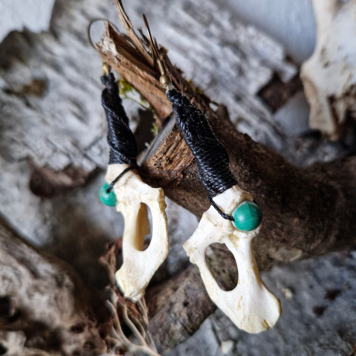 bone earrings in makramee