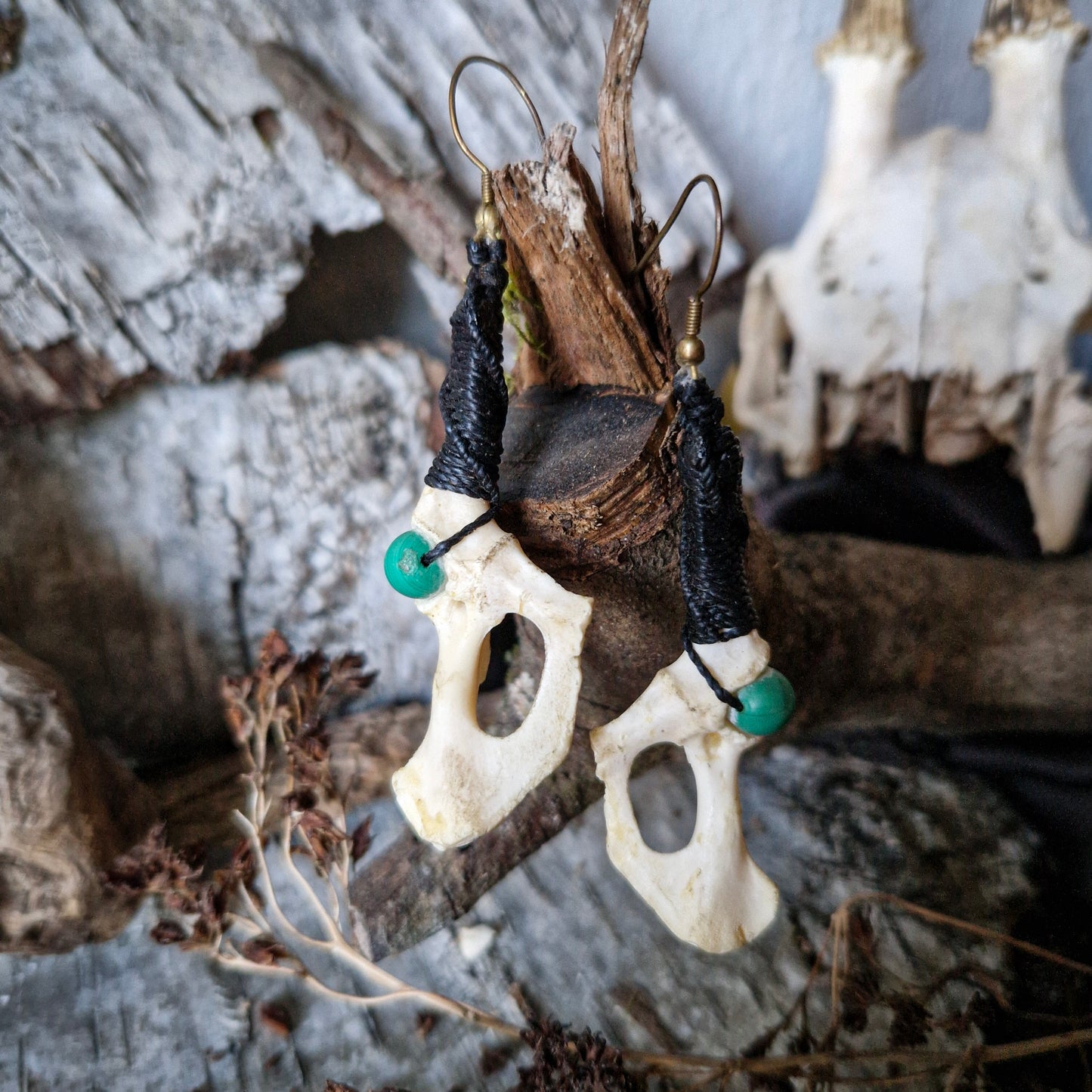 bone earrings in makramee